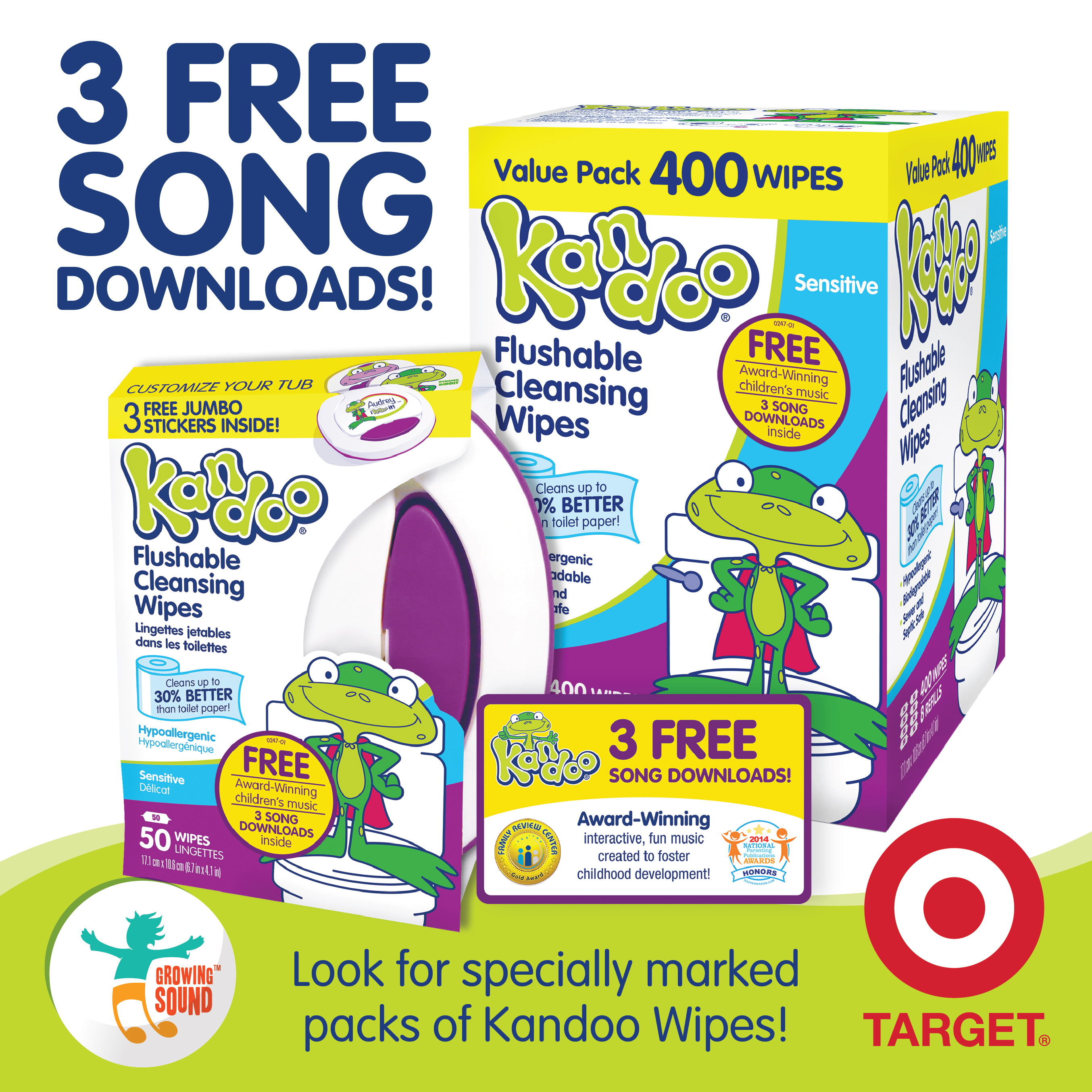 Look for the specially marked pack at Target to download your 3 free songs from Growing Sound