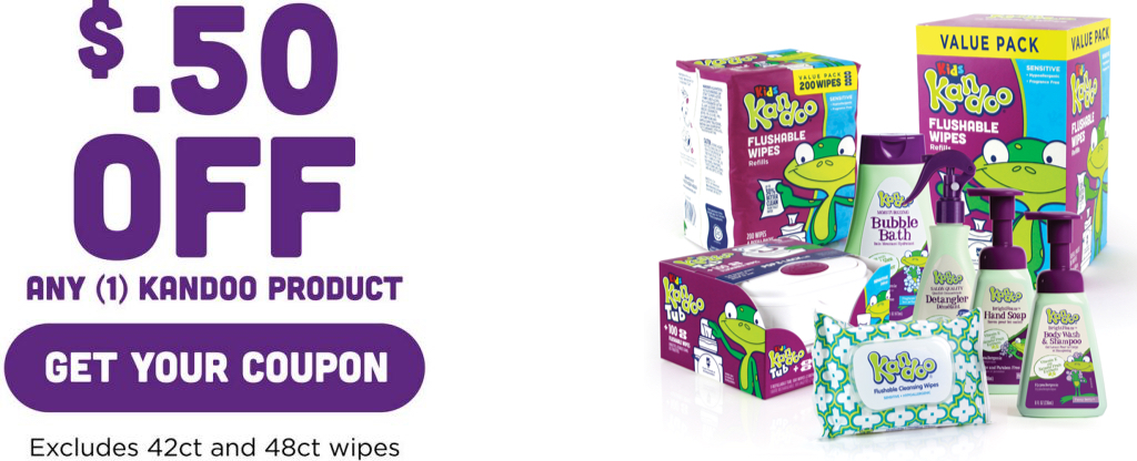 50 cents off any one kandoo product. Get your coupon. (excludes 42 count and 48 count wipes)